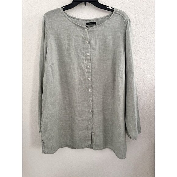 Tahari 100% Linen Button Down Tunic Shirt Top Roll Tab Sleeve Sage Green Size 1X - Picture 1 of 8